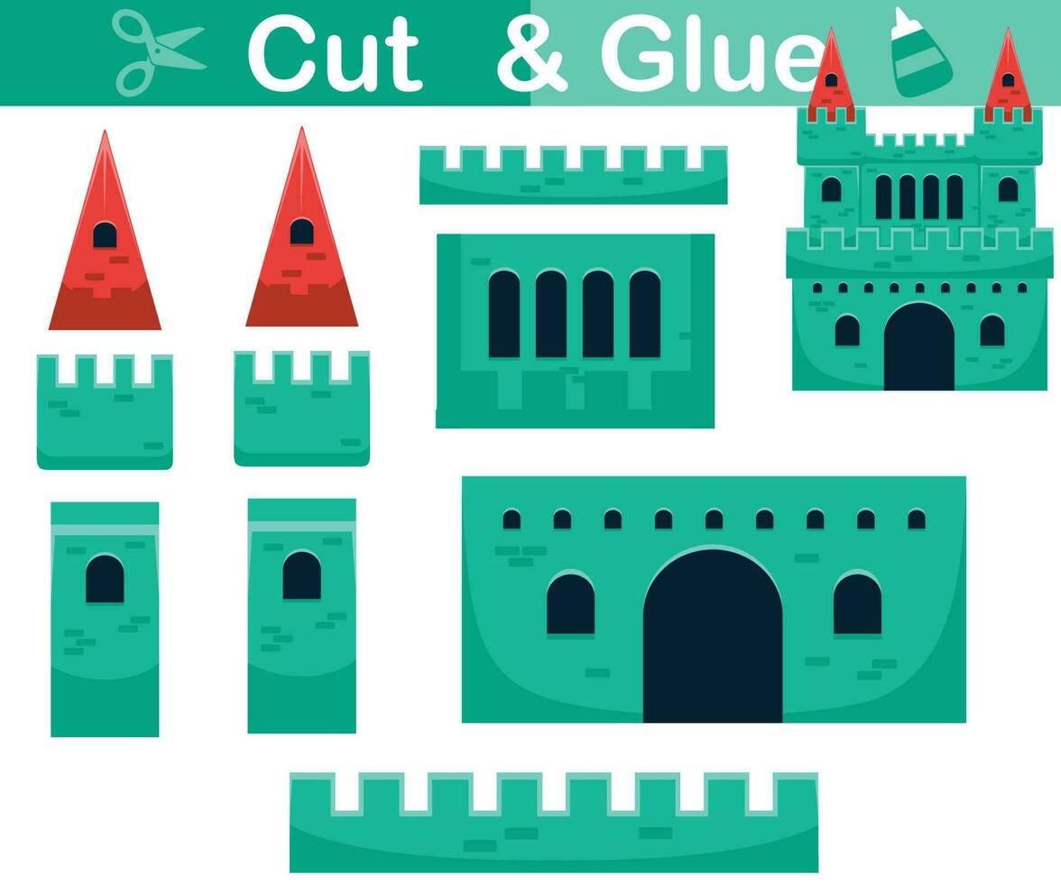 Cartoon castle illustration. Education paper game for children. Cutout and gluing vector