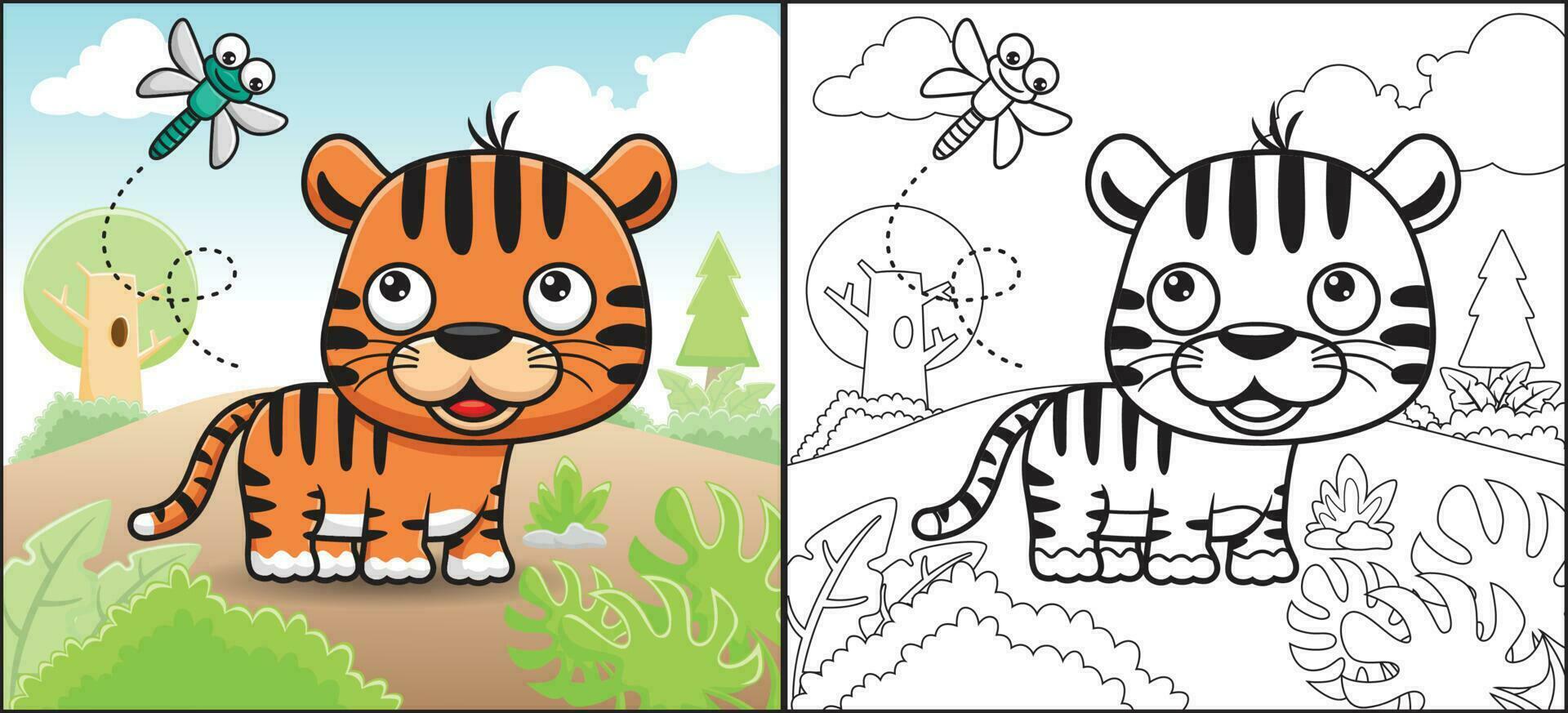 colorante libro o página de gracioso Tigre dibujos animados con libélula en bosque vector