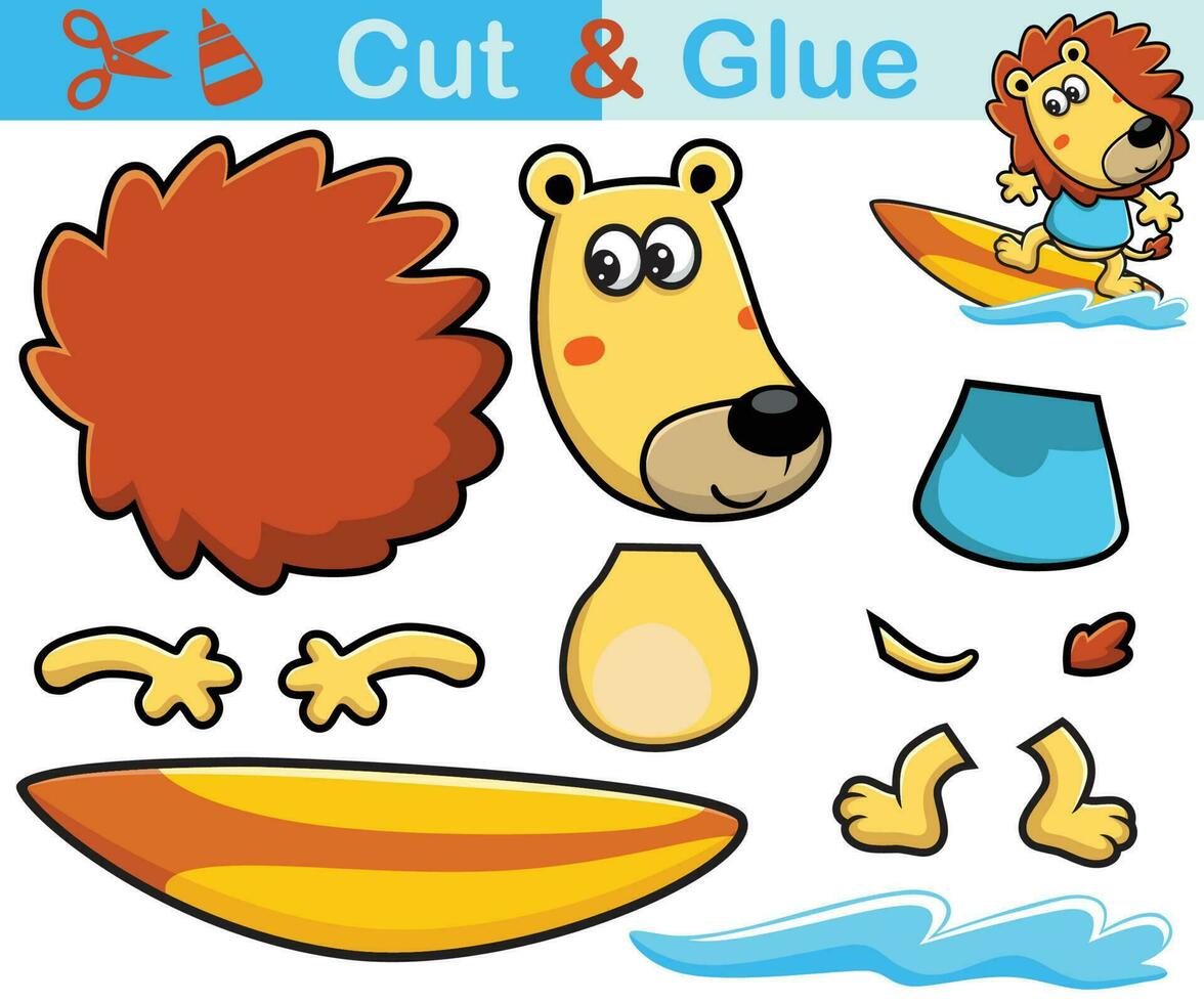 Vector illustration of lion cartoon surfboarding. Education paper game for children. Cutout and gluing