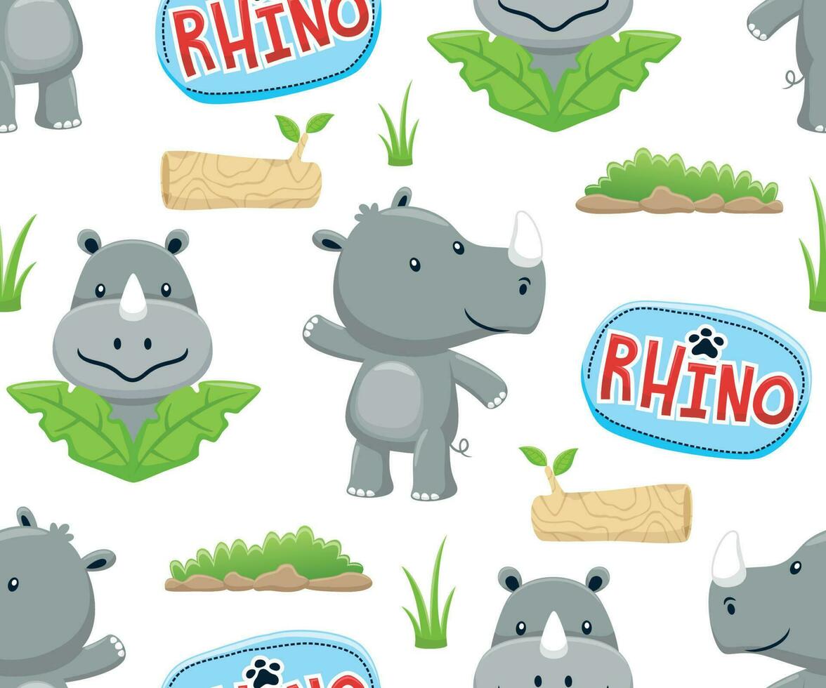 Seamless pattern vector of cartoon funny rhino, forest elements illustration