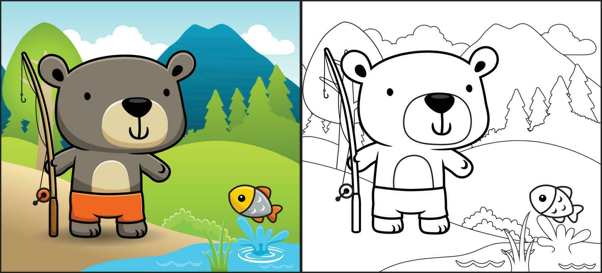 Coloring book or page of cartoon bear holding fishing tackle in forest