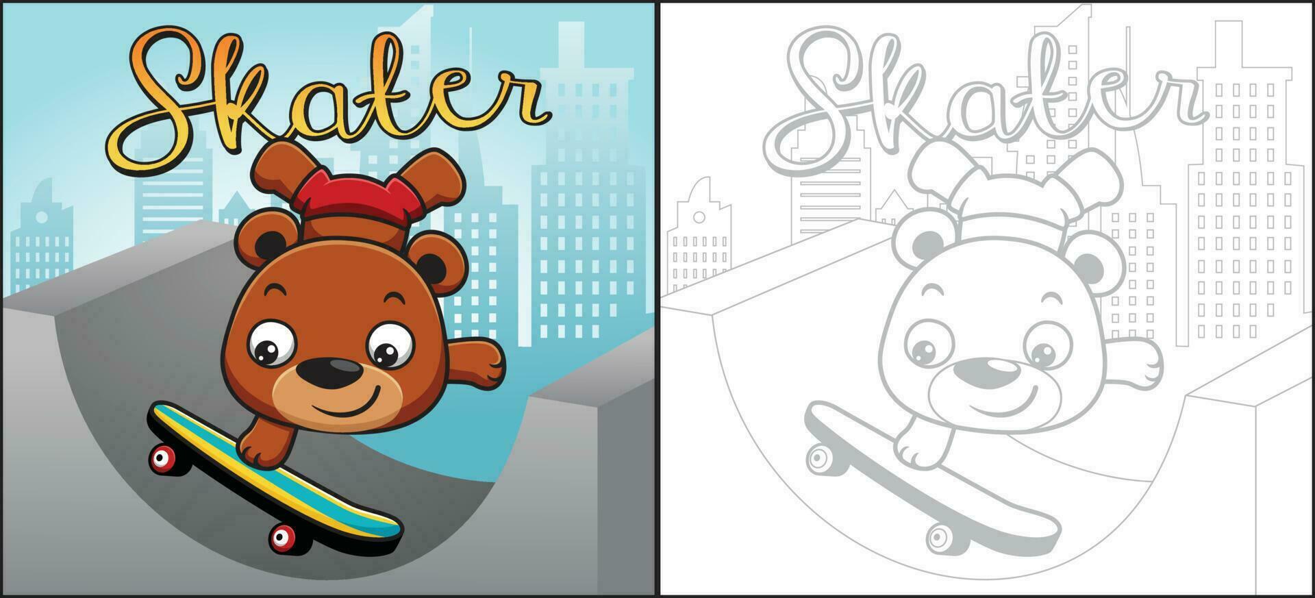 Vector cartoon of cute bear skateboarding in skatepark on building background. Coloring book or page