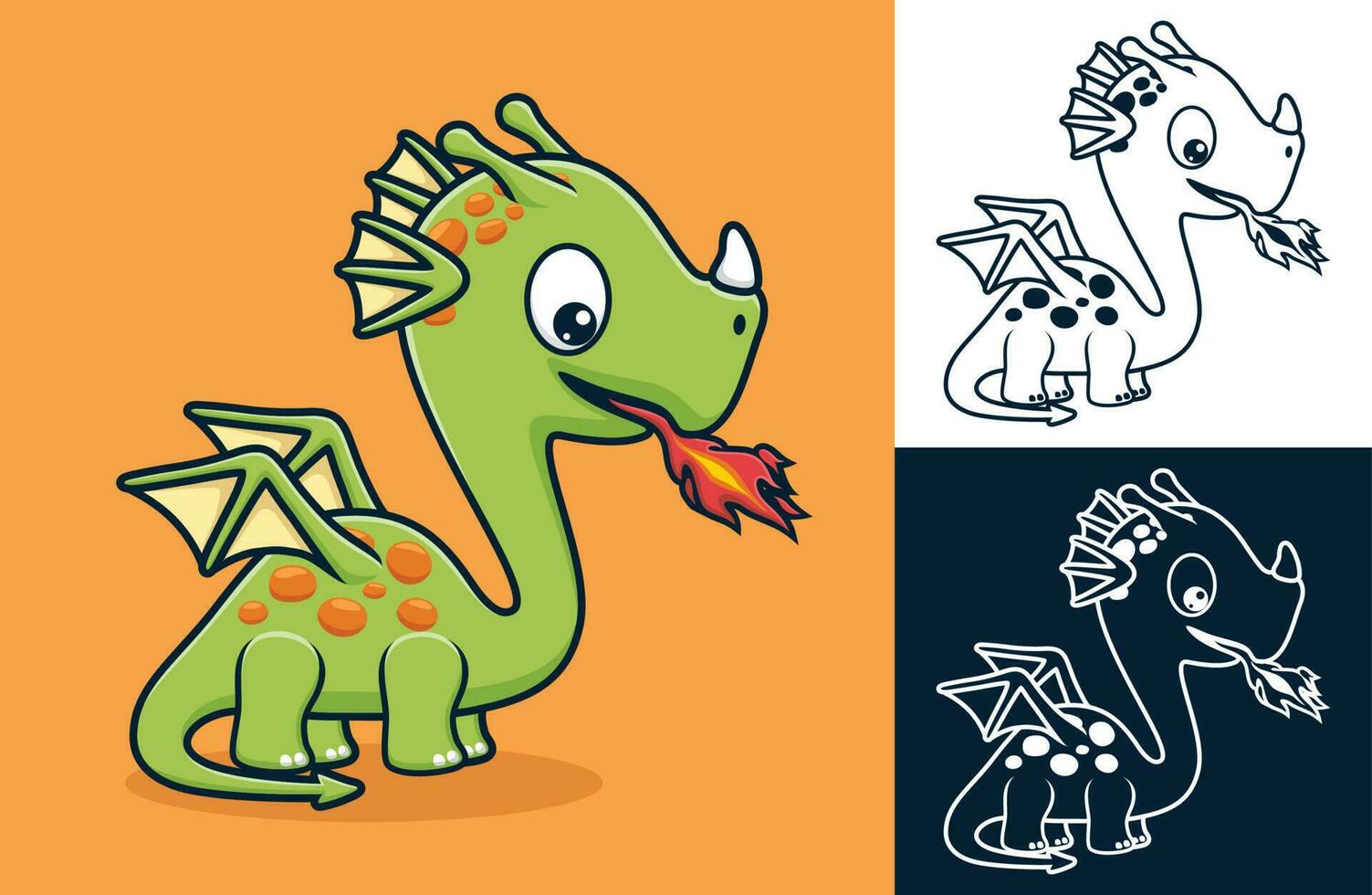 Little dragon spraying fire from it mouth. Vector cartoon illustration in flat icon style