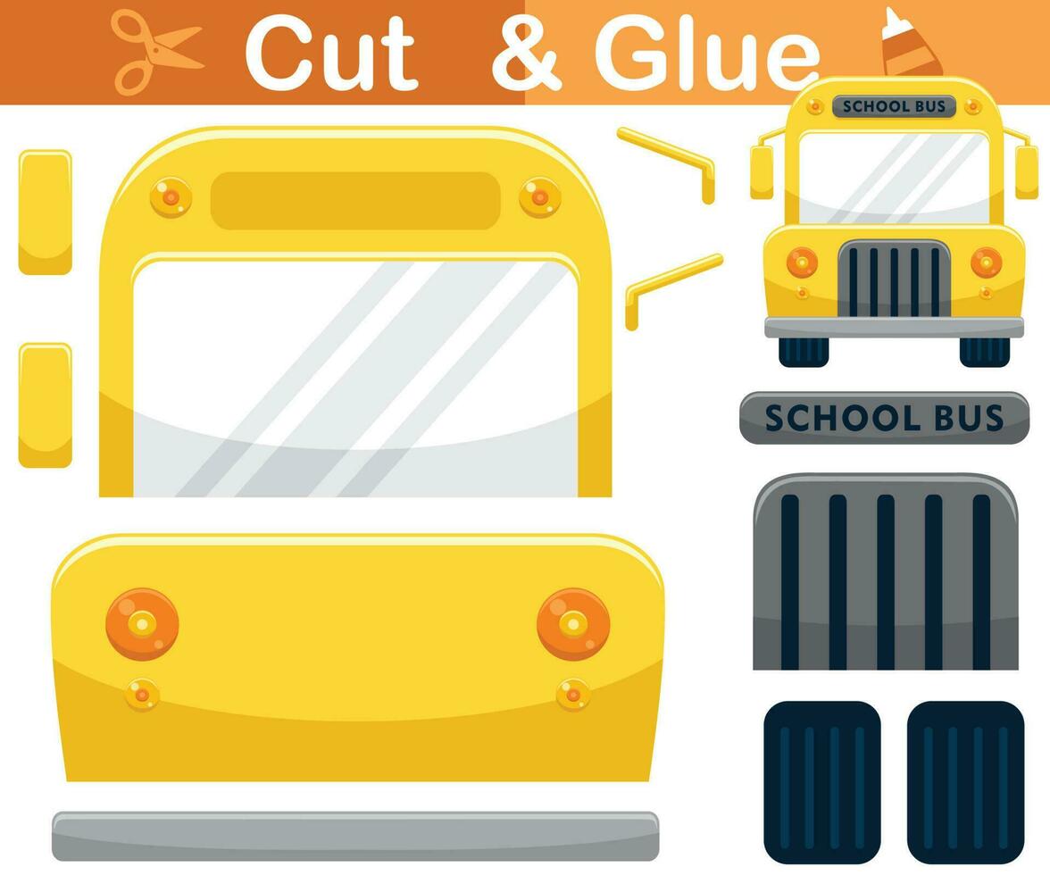 School bus cartoon. Education paper game for children. Cutout and gluing vector