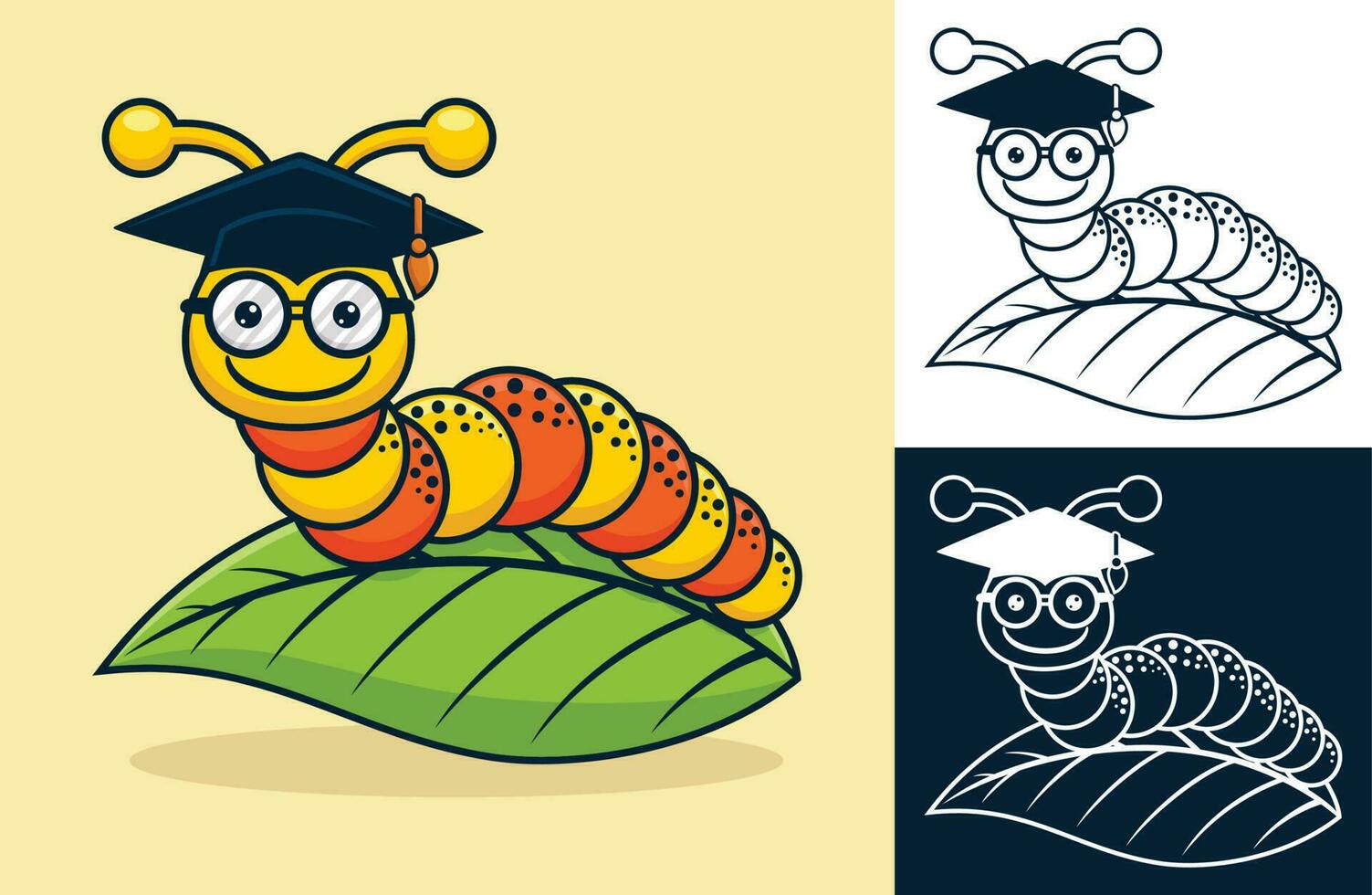 Funny caterpillar on leaf wearing graduation hat. Vector cartoon illustration in flat icon style