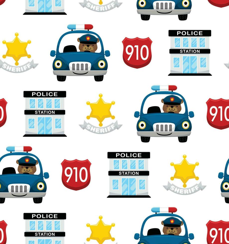 Seamless pattern vector of funny bear driving police car, police elements cartoon