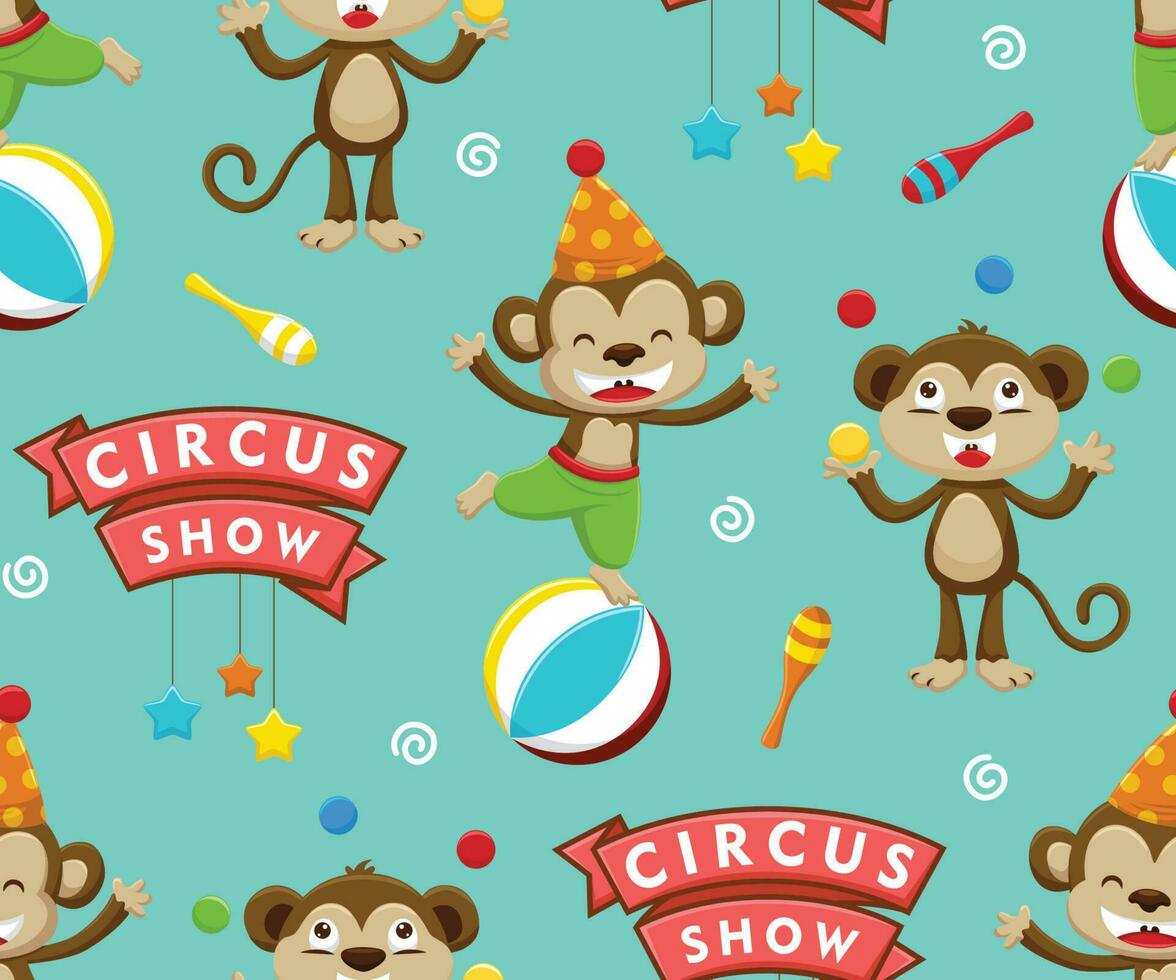 Seamless pattern vector of cartoon monkey in circus show, circus elements illustration