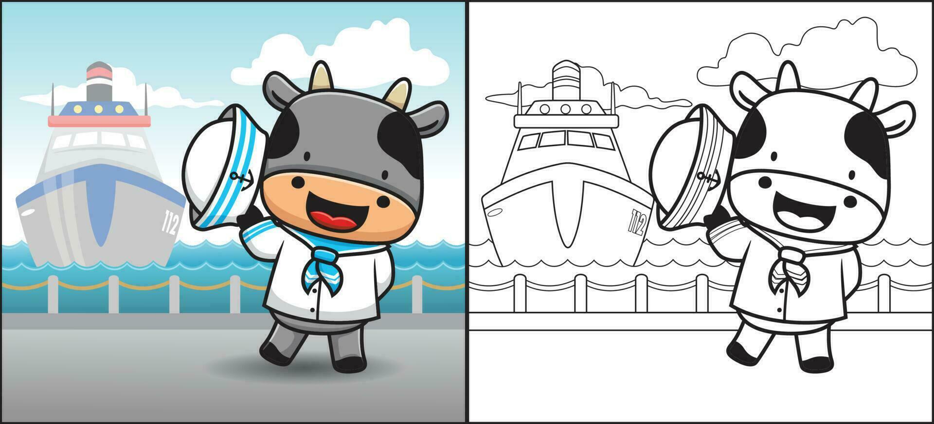 Coloring book or page, funny cow in sailor uniform, ship in the port on blue sky background vector