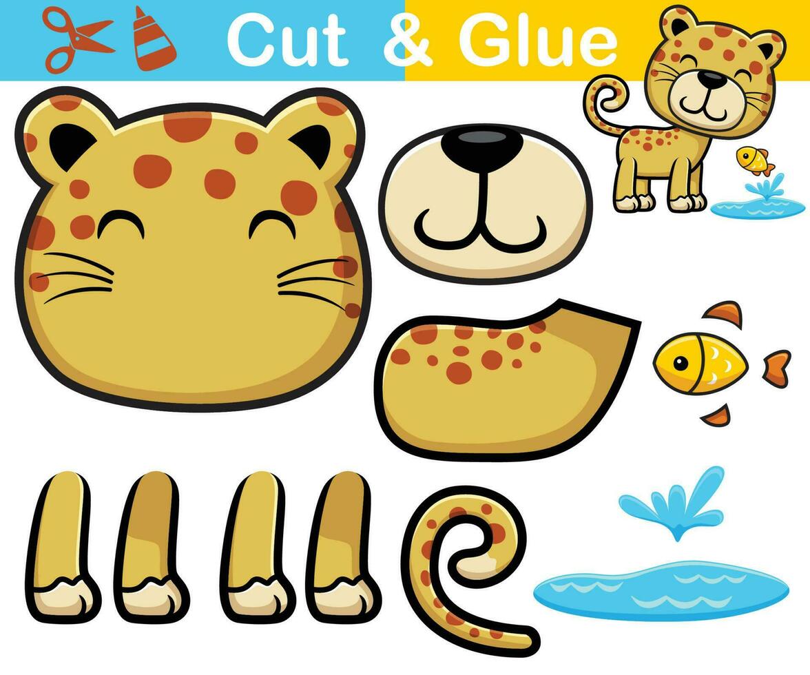 Vector illustration of leopard cartoon with little fish. Cutout and gluing.