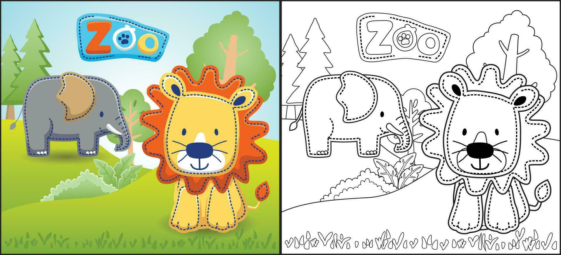 colorante libro o página de gracioso animales dibujos animados. león con elefante en el zoo vector