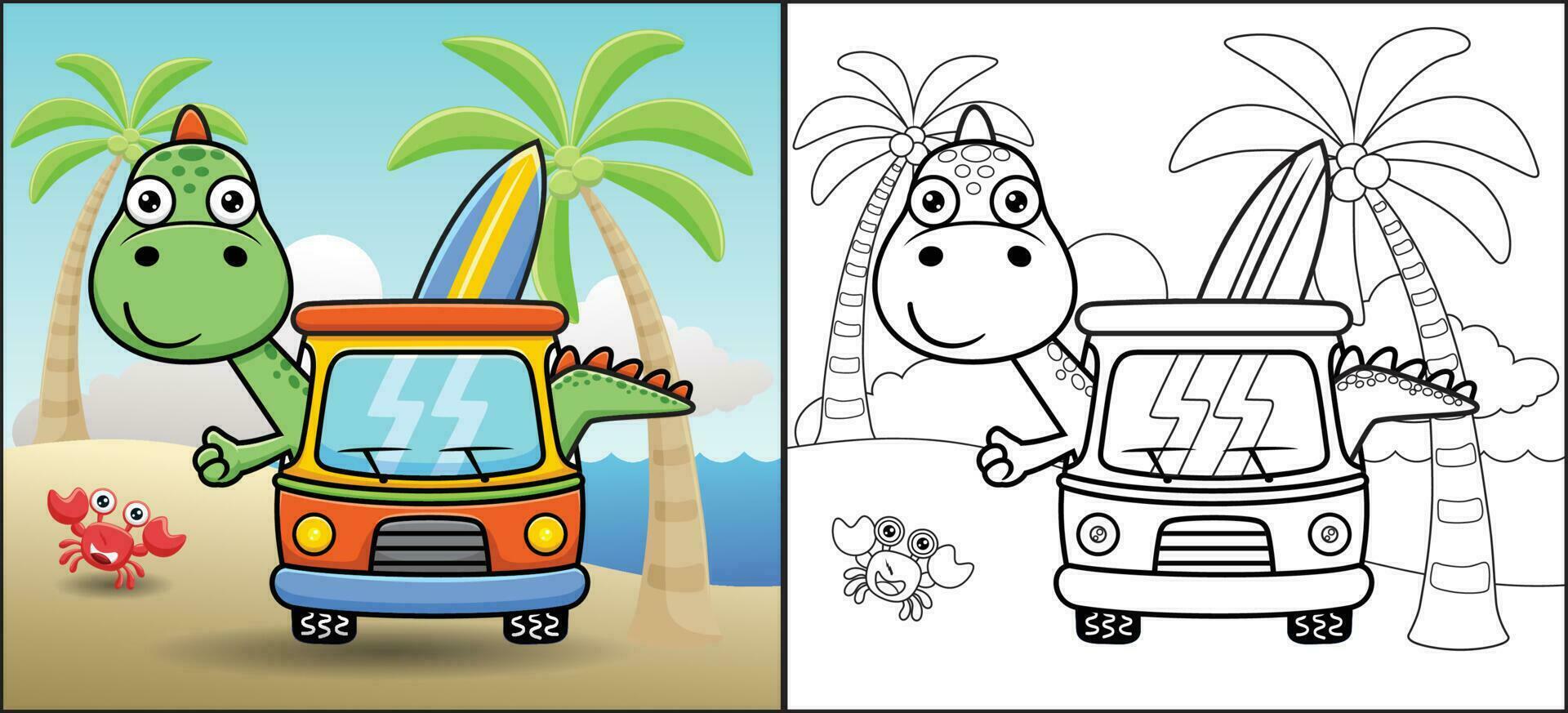 colorante libro o página, dinosaurio dibujos animados en coche que lleva tabla de surf en el playa con gracioso cangrejo vector