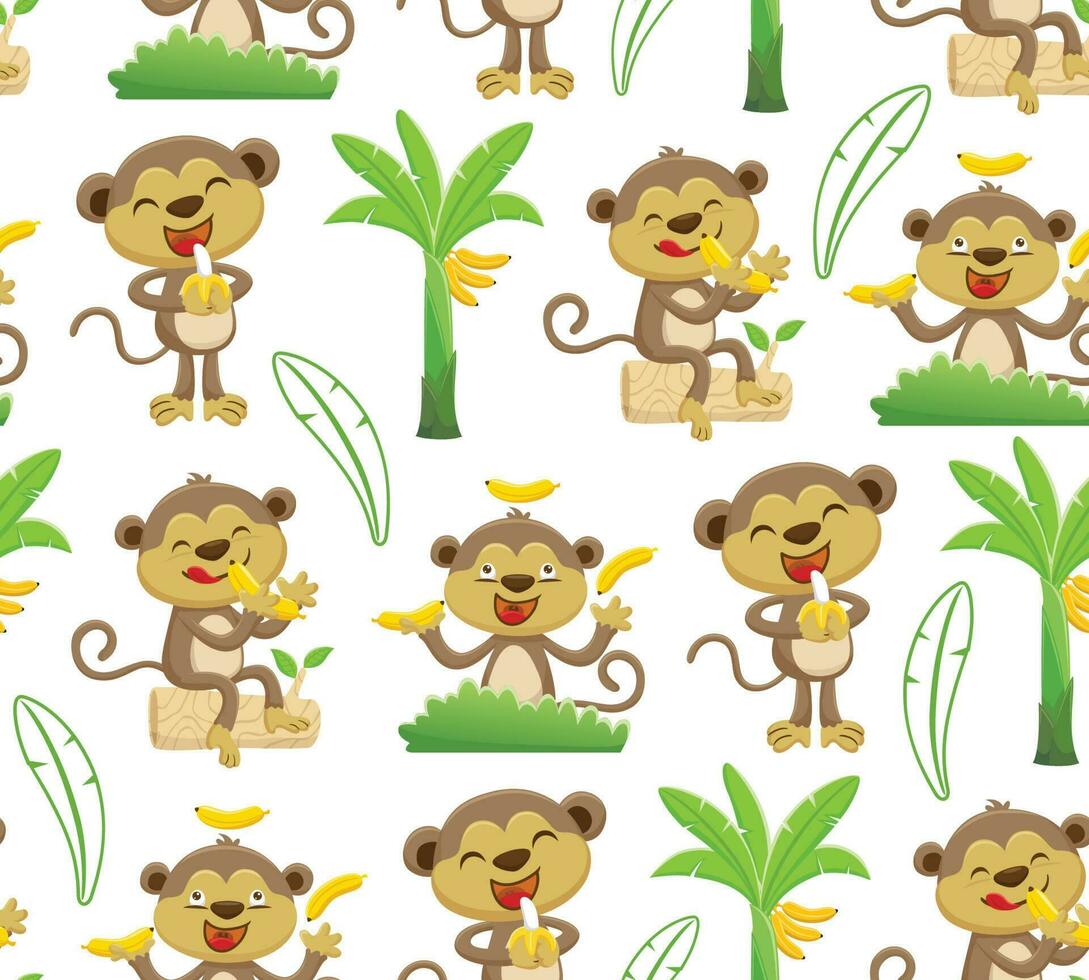 Seamless pattern vector of cartoon monkey with banana fruit, banana garden elements