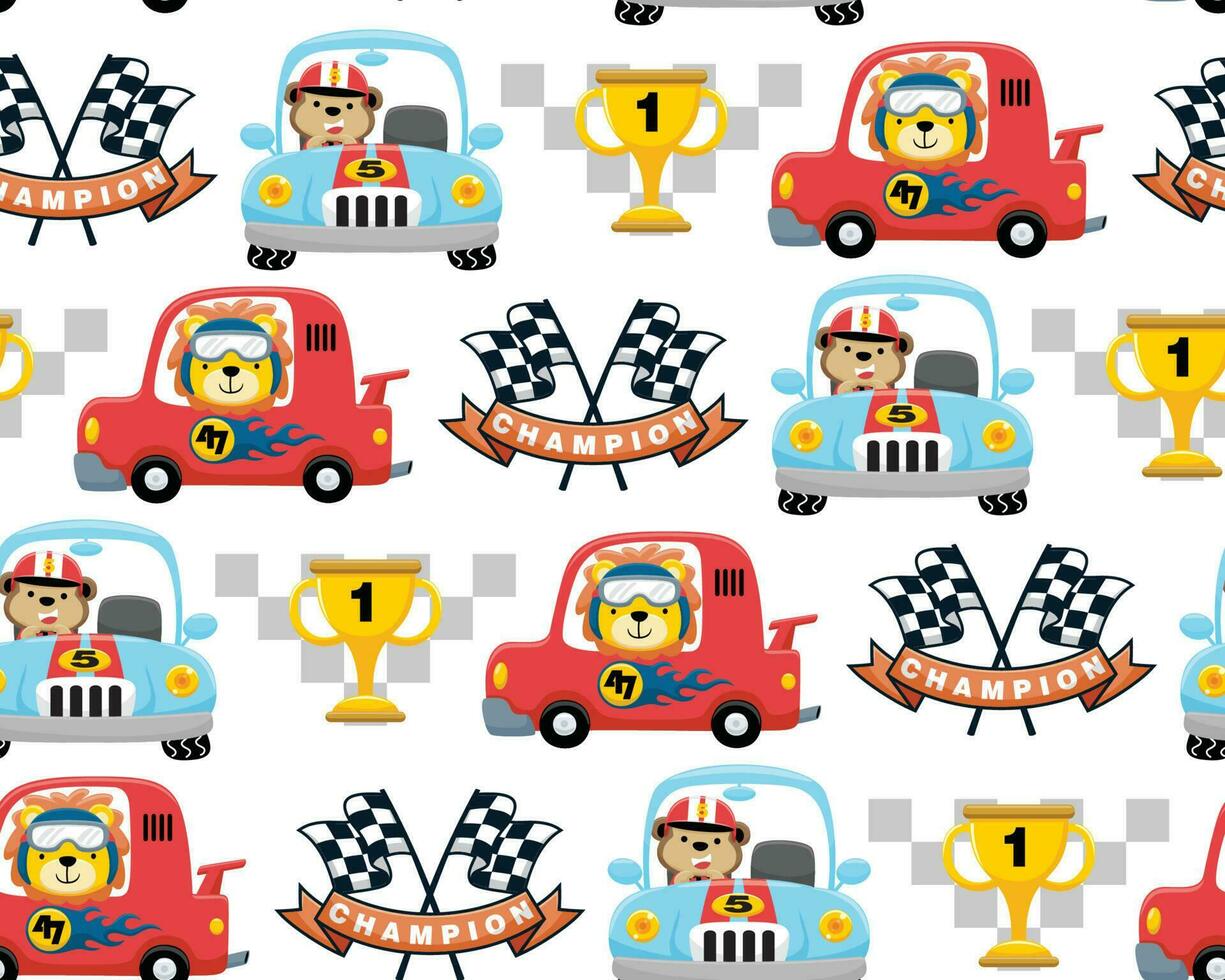 Seamless pattern vector of car racing cartoon elements, monkey and lion driving racing car