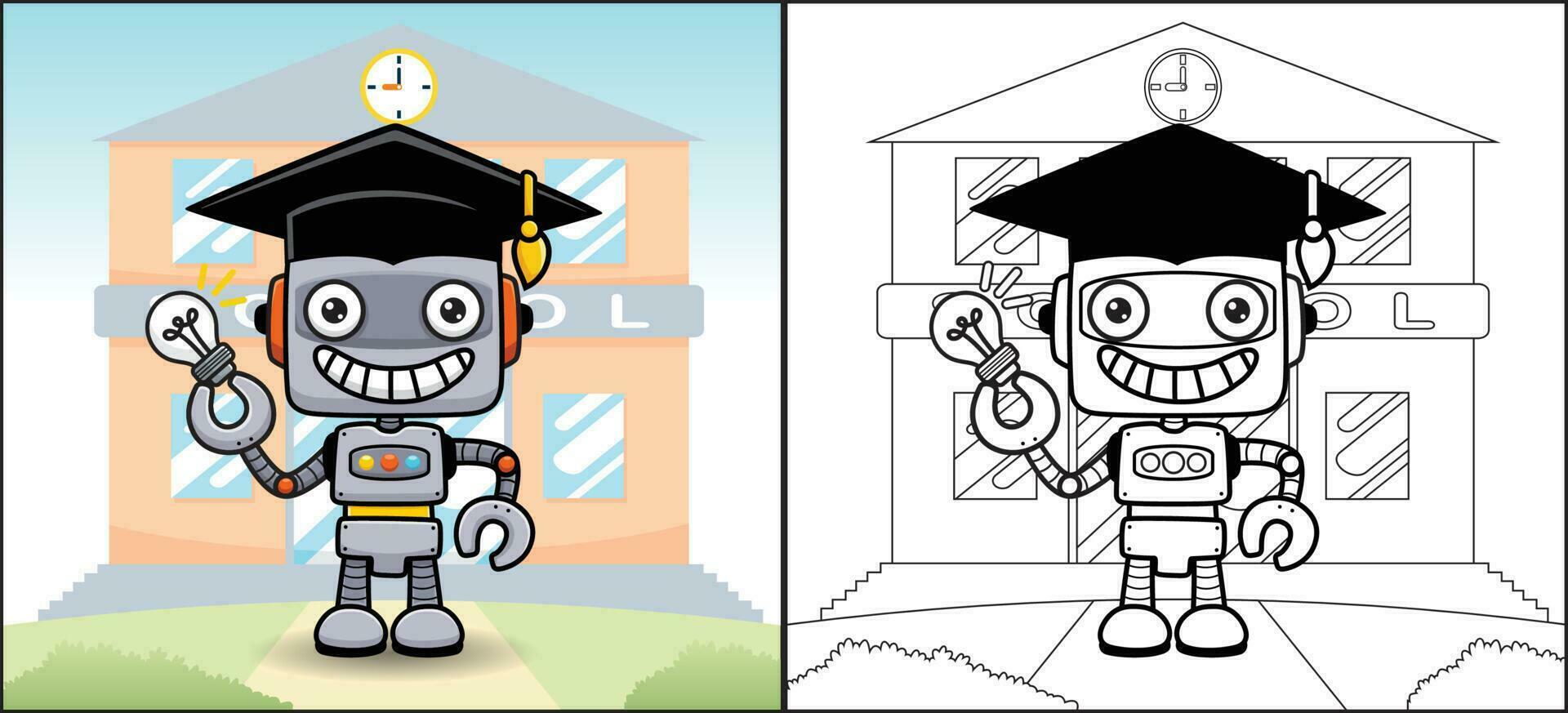 Coloring book or page of funny robot cartoon in graduation cap holding lightbulb on school building background vector