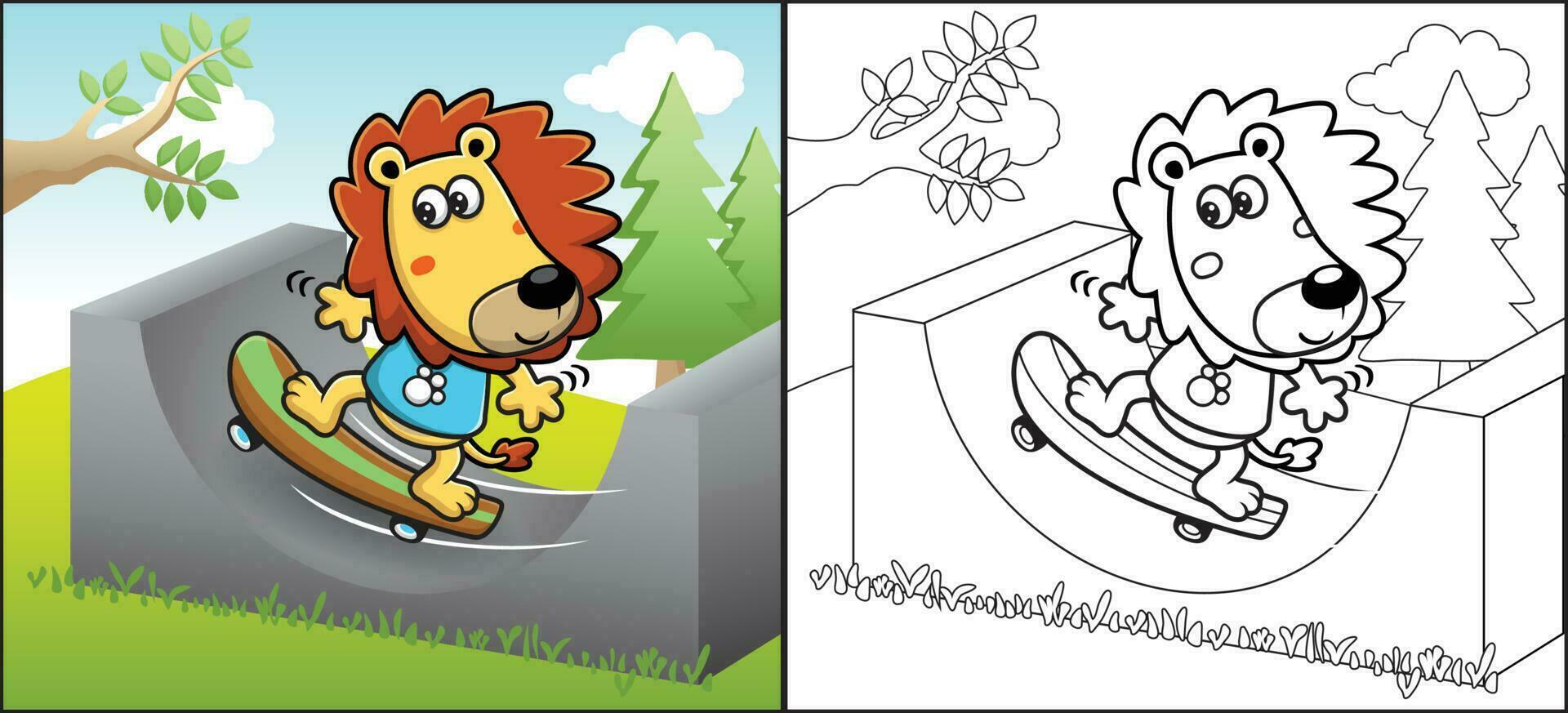 Coloring book or page of lion cartoon skateboarding in skate park vector