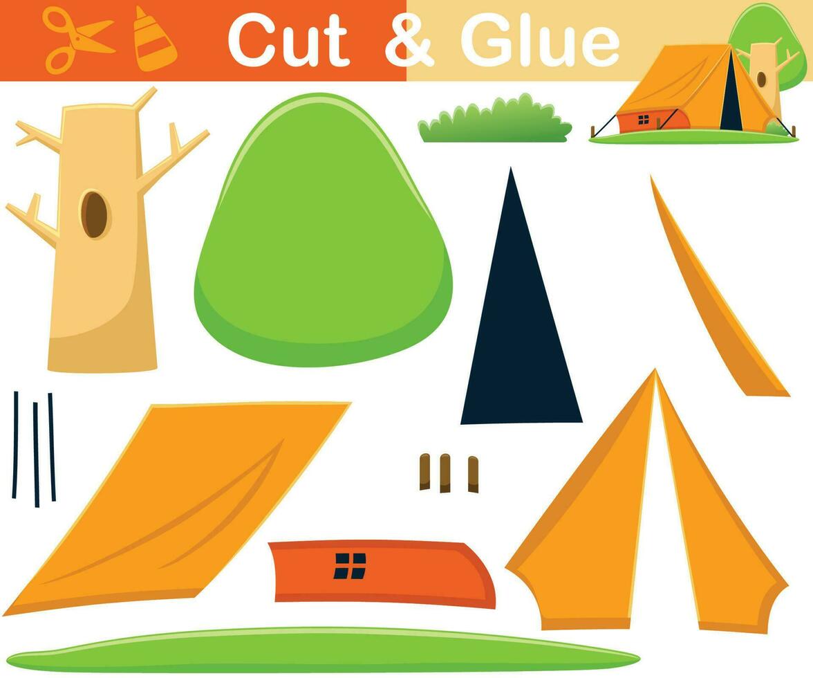 Vector illustration of tent cartoon with tree. Education paper game for children. Cutout and gluing
