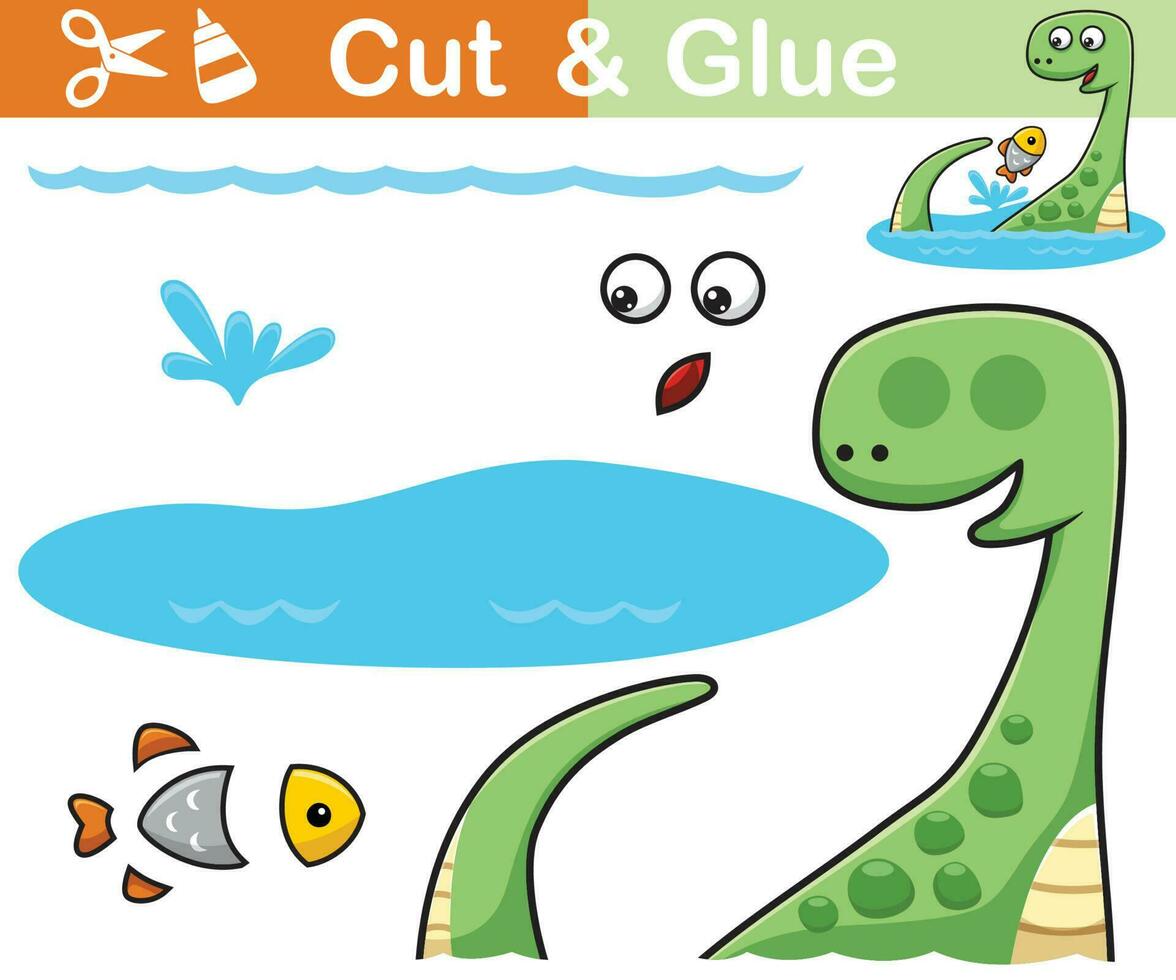 Vector illustration of brontosaurus cartoon with fish in water. Cutout and gluing