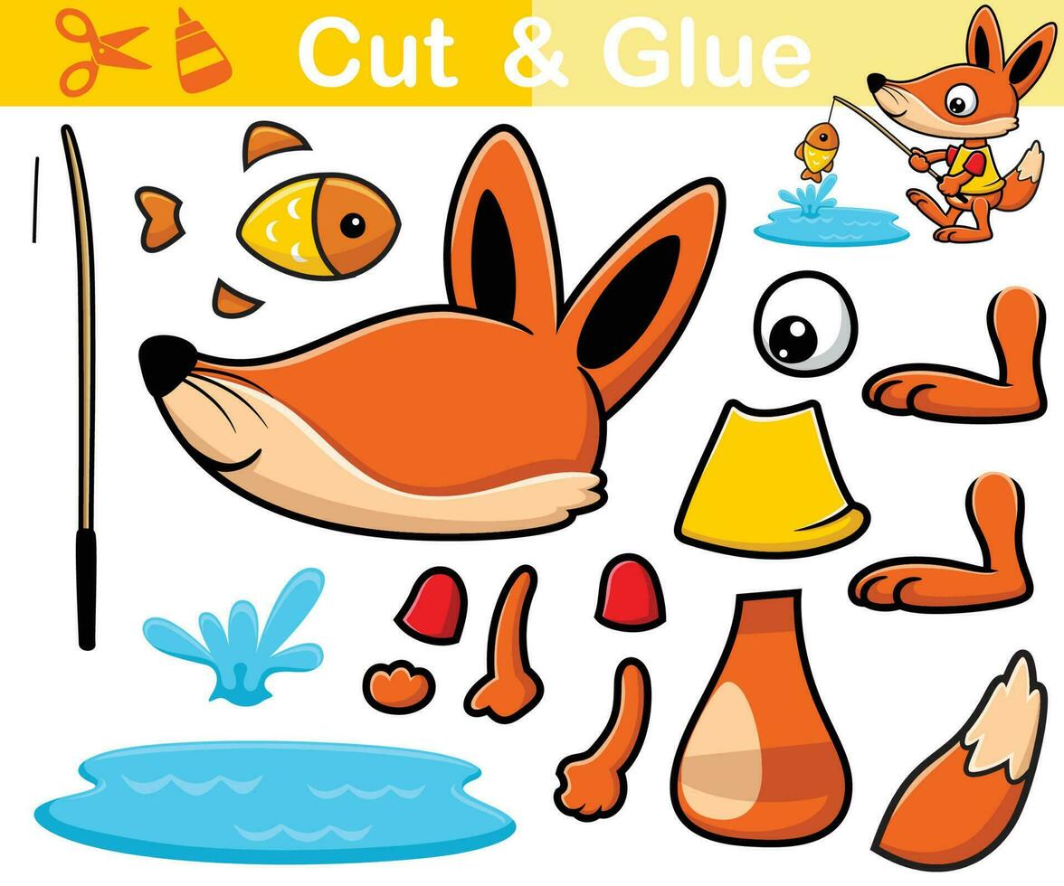 Vector illustration of fox cartoon fishing. Education paper game for children. Cutout and gluing