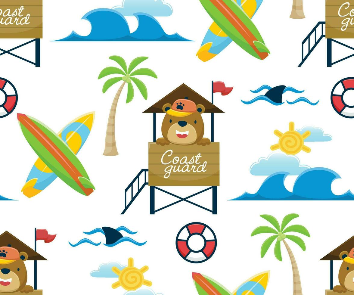 Seamless pattern vector of funny bear cartoon on lifeguard post with summer beach holiday elements
