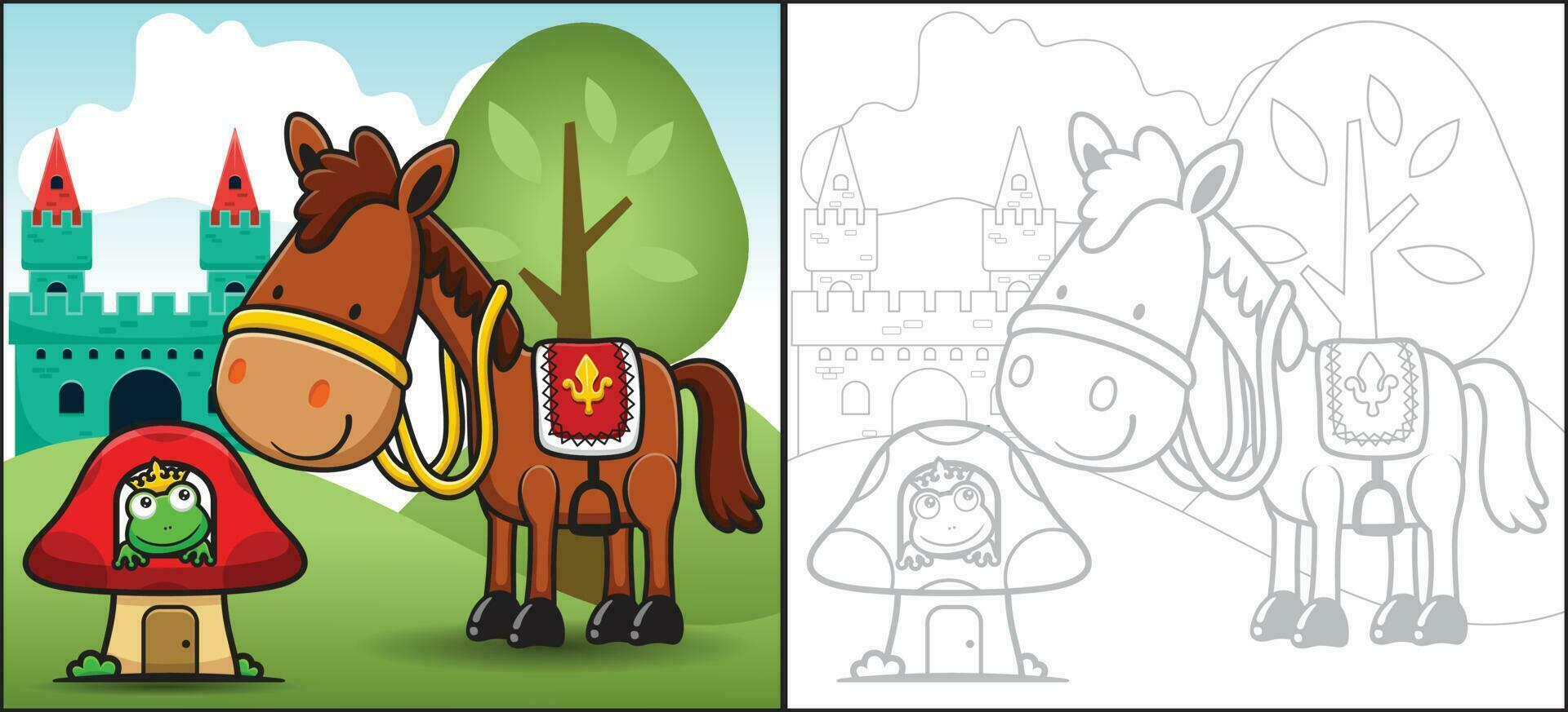 Cartoon of horse with frog wearing crown in mushroom house on castle background. Coloring book or page vector