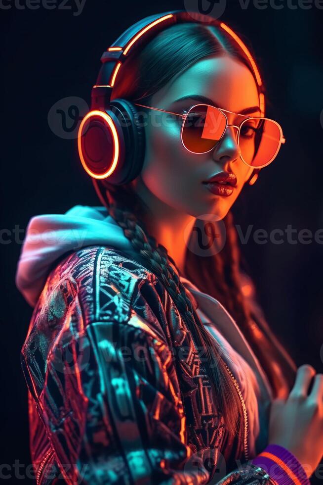 Portrait a beautiful woman wearing headphone ai generate photo