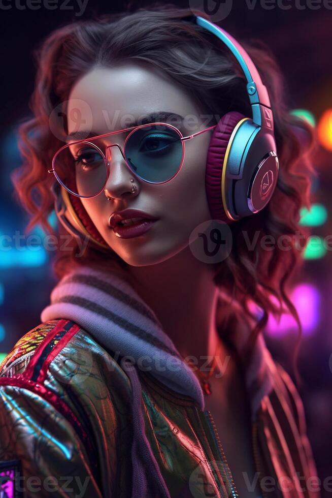 Portrait a beautiful woman wearing headphone ai generate photo