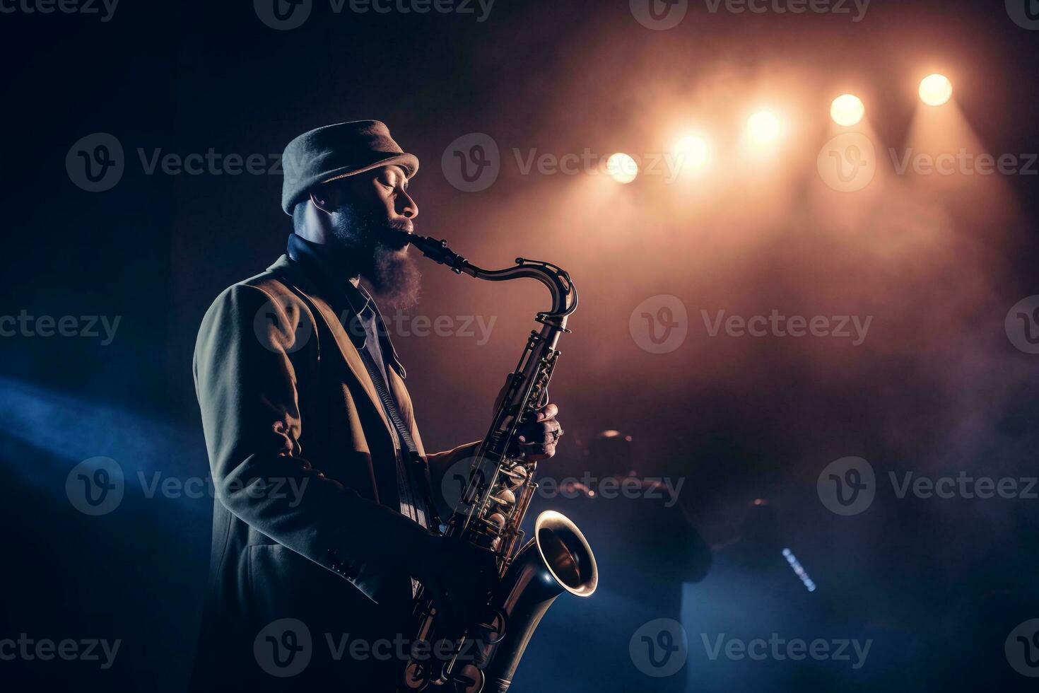 man playing saxophone on the stage ai generate photo
