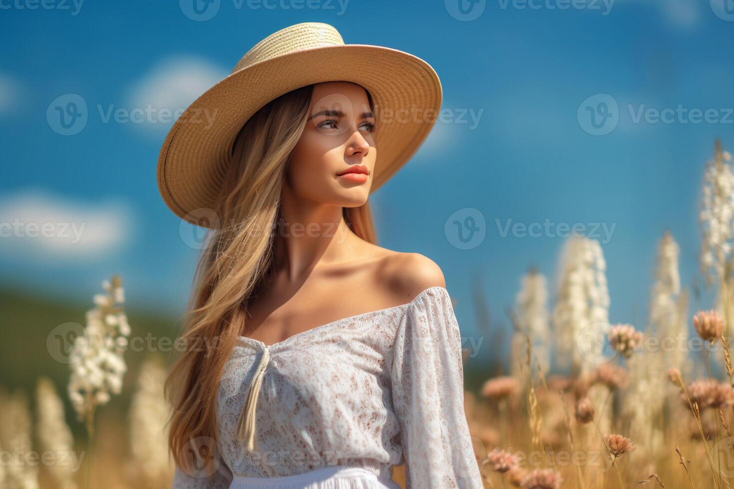 Portrait a beautiful woman wearing hat ai generate photo