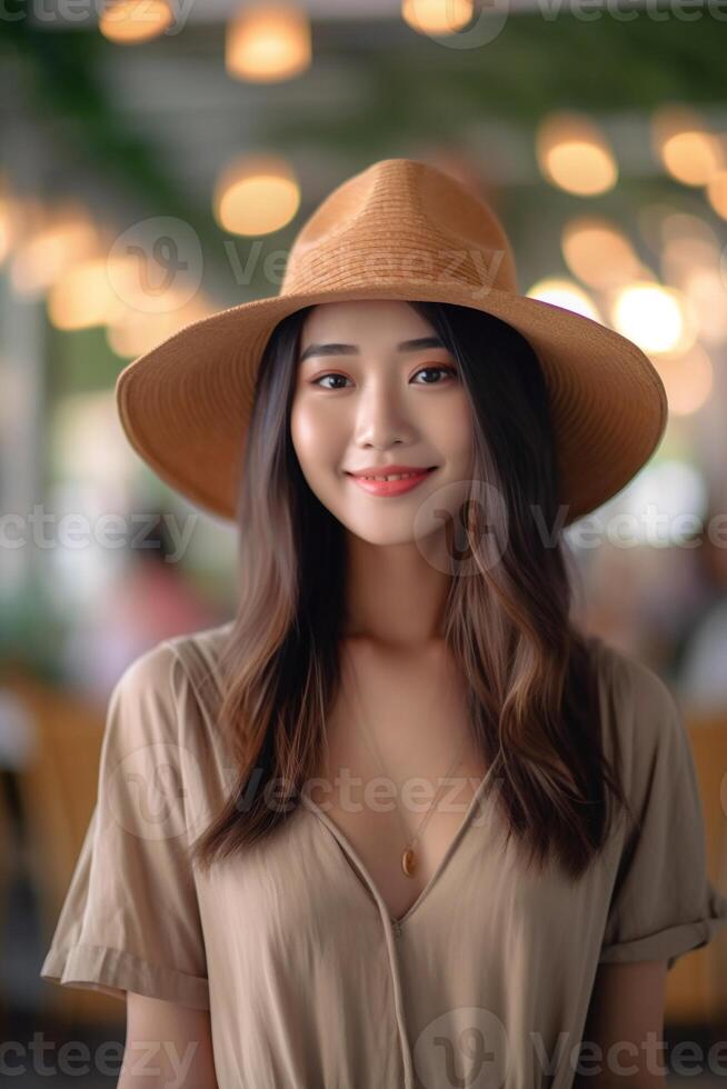 Portrait a beautiful woman wearing hat ai generate photo