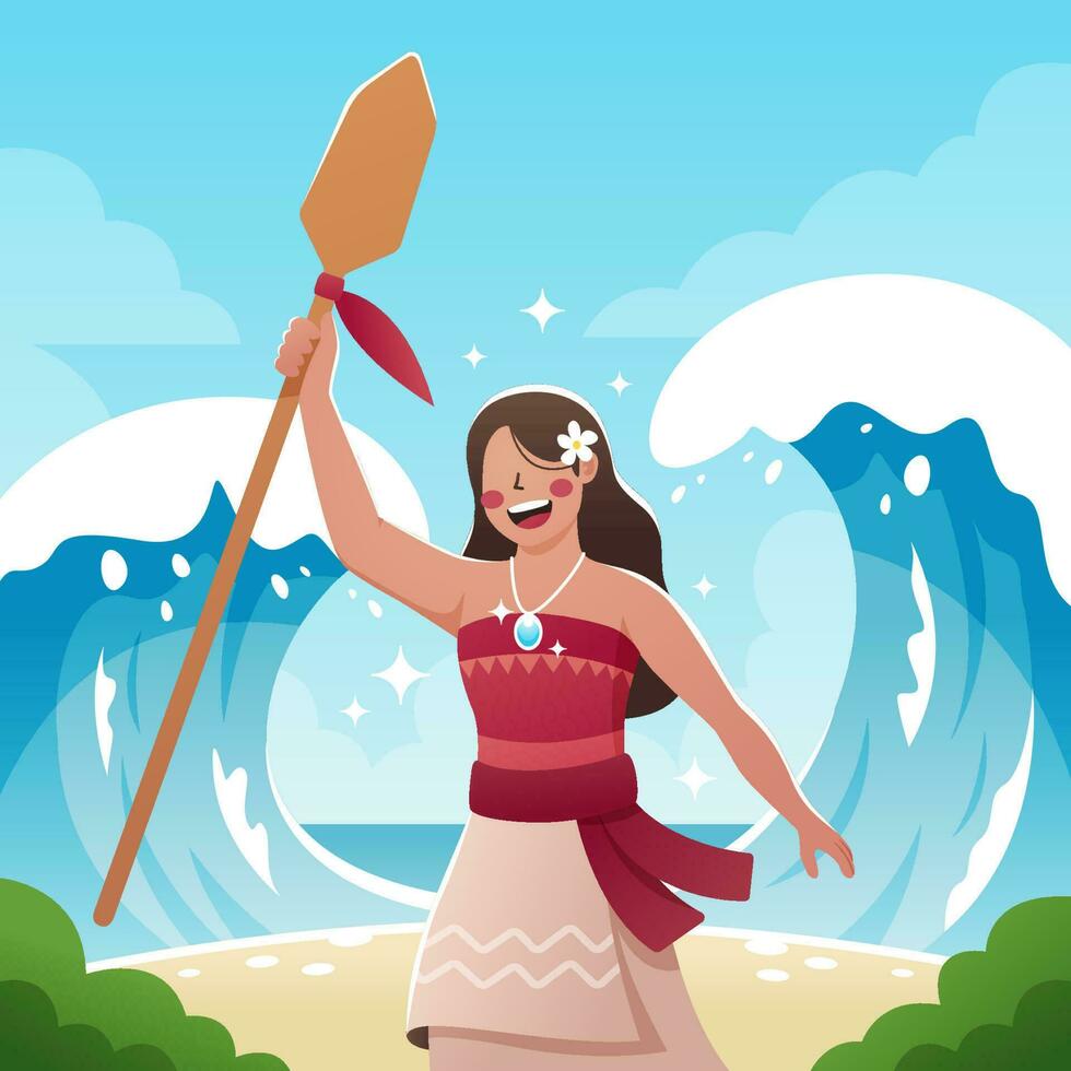 Hawaiian Girl Having Fun with Her Paddle at the Beach vector