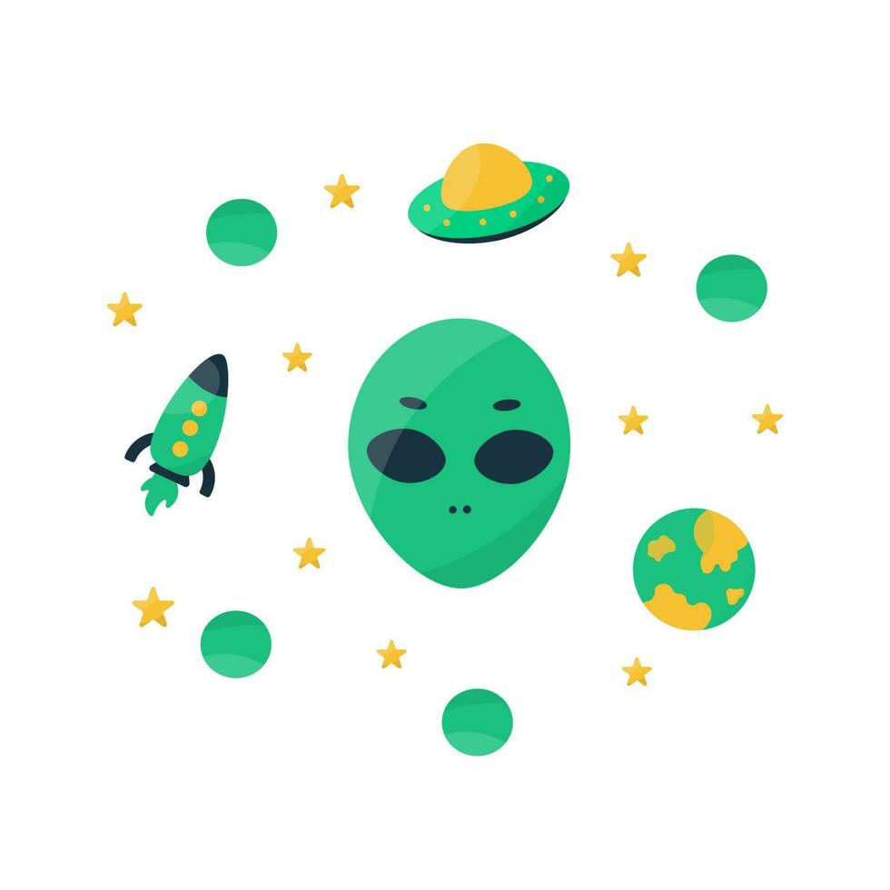 alien ufo cosmic faces space planets spaceship unknown stars elements vector