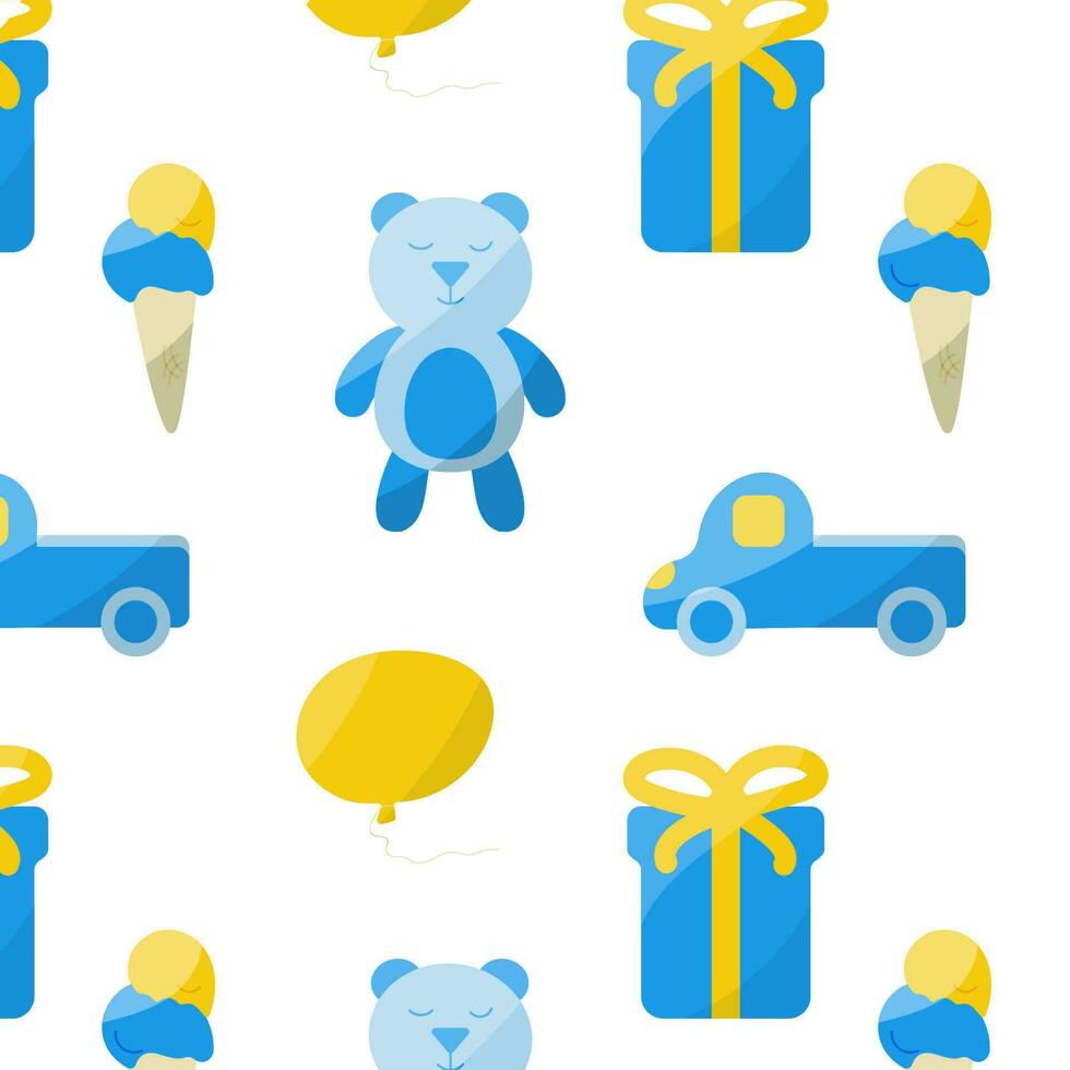 juguetes osito de peluche oso carros hielo crema globos azul amarillo para niños día jardín de infancia vector