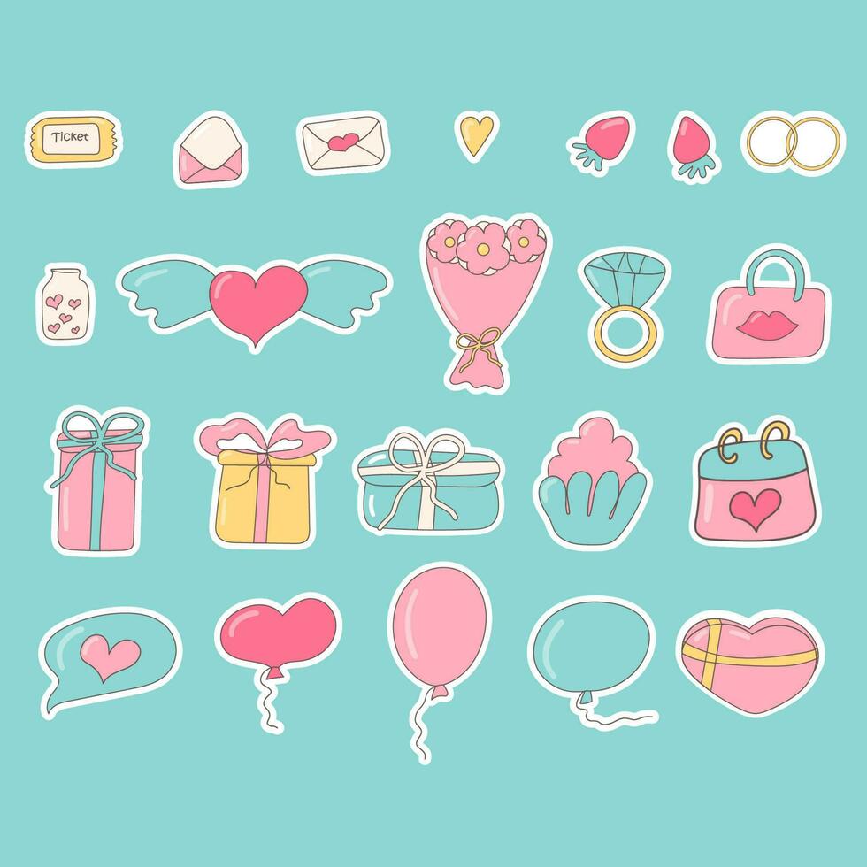 love stickers gifts balloons rings bouquets flowers calendar february 14th vector