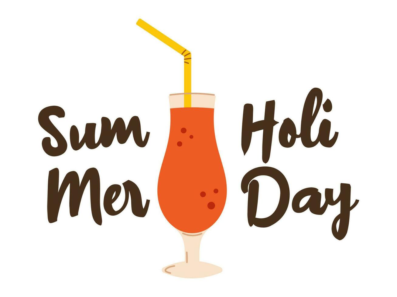 Vector summer holiday text and alcohol cocktail. Summer illustration with lettering and beach cocktail with bubbles in flat design.