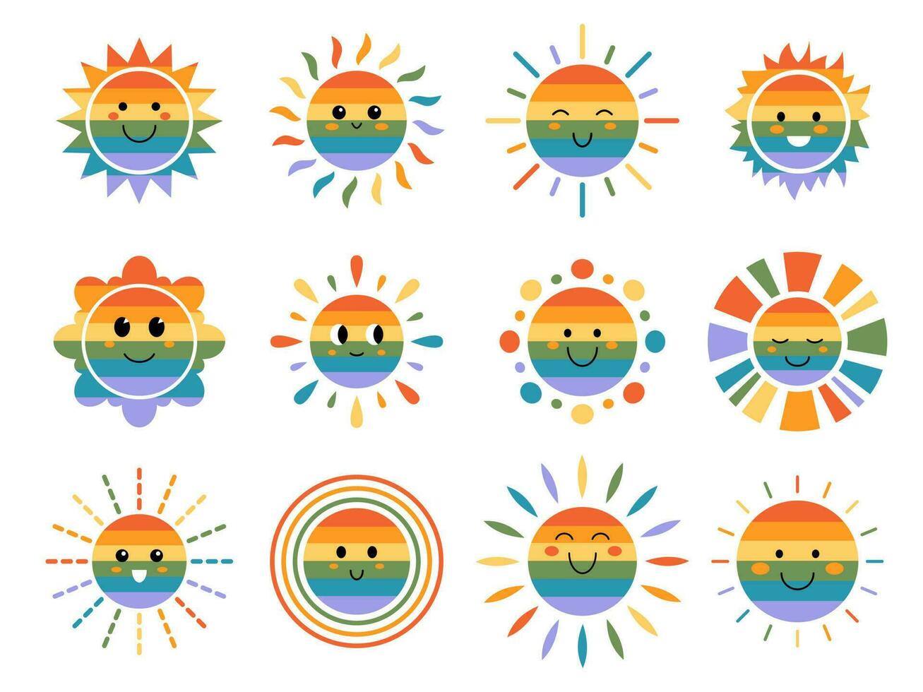 Vector set of LGBT funny suns with faces. Cute summer pride month sunshine emoji. LGBT collection of rainbow childish sunny emoticons. Smiling baby sun with sunbeams. LGBTQ design.