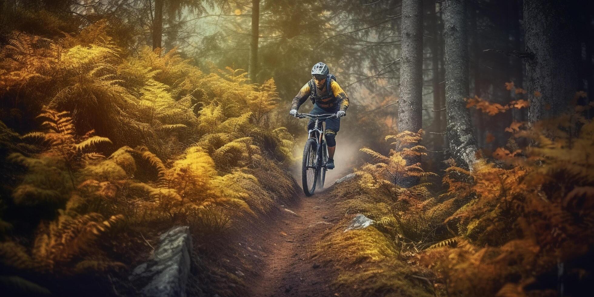 The woman biker is riding on the bike with . photo