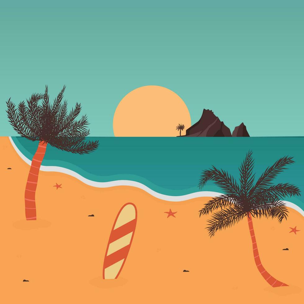 Seascape. Sunset on a tropical beach. Vector illustration