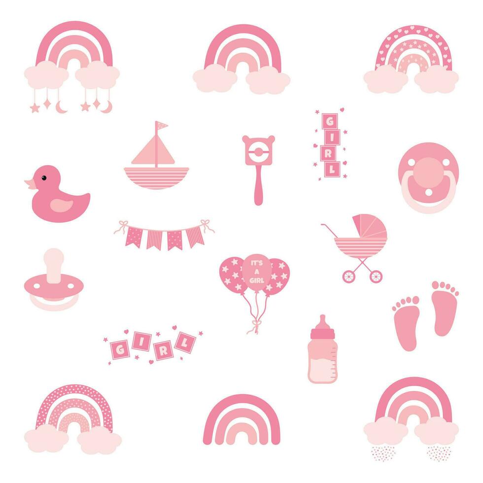 Baby shower design elements. It's a girl. Toys and newborn items. vector