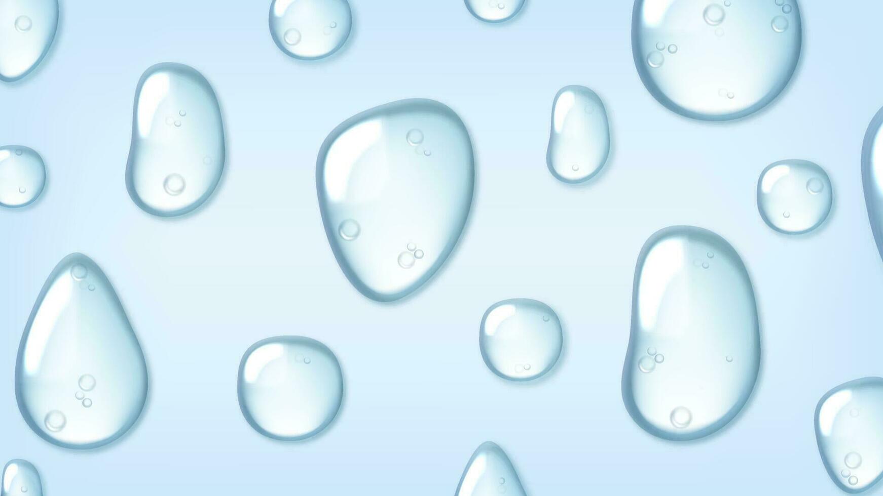 Liquid drops of water, gel or collagen. Cosmetic product, moisture, skin care, top view. Realistic 3d splash vector illustration