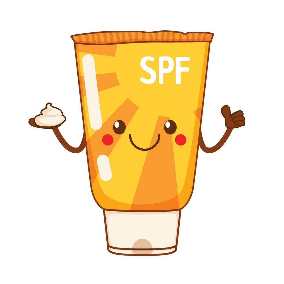 Cute funny sunscreen tube holding cream in hand. vector