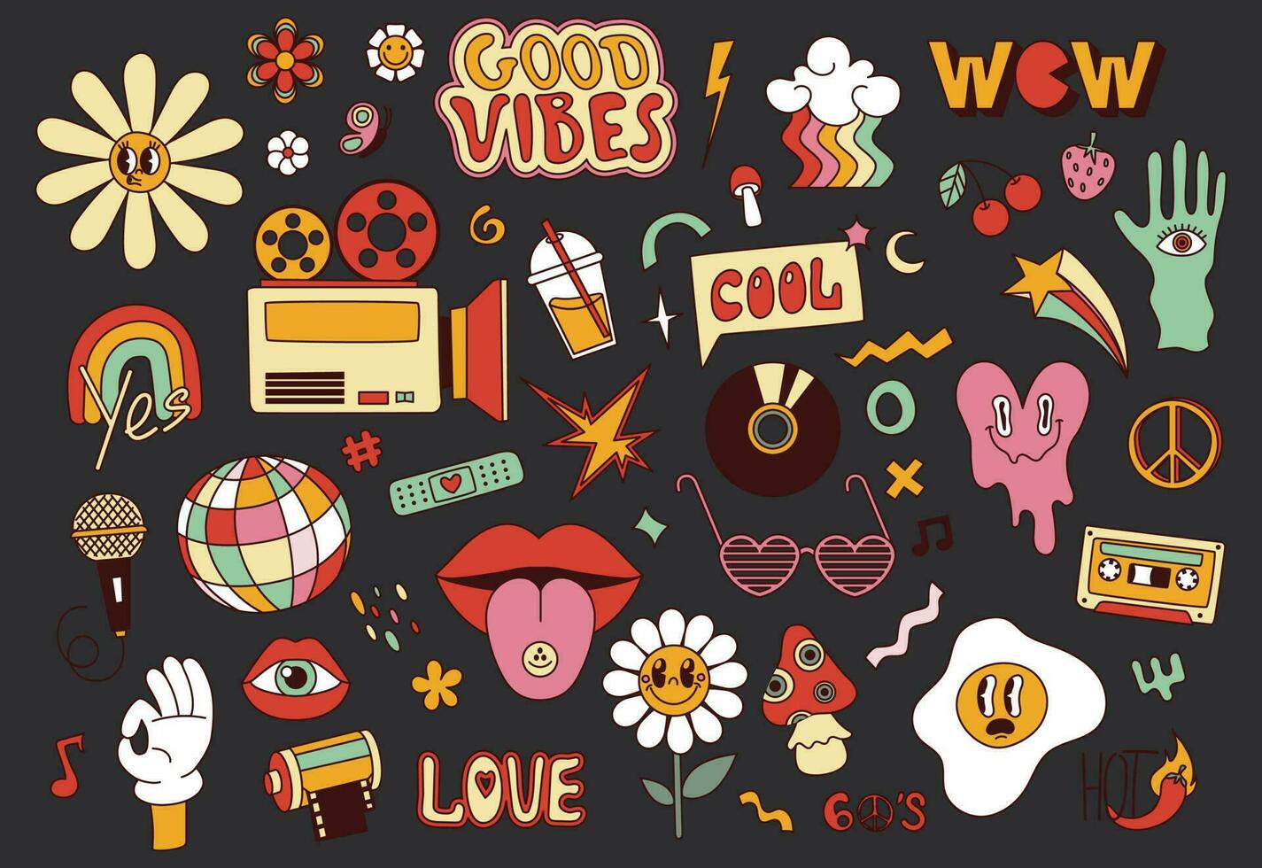 Set of vintage retro 70s and 60s hippie stickers vector