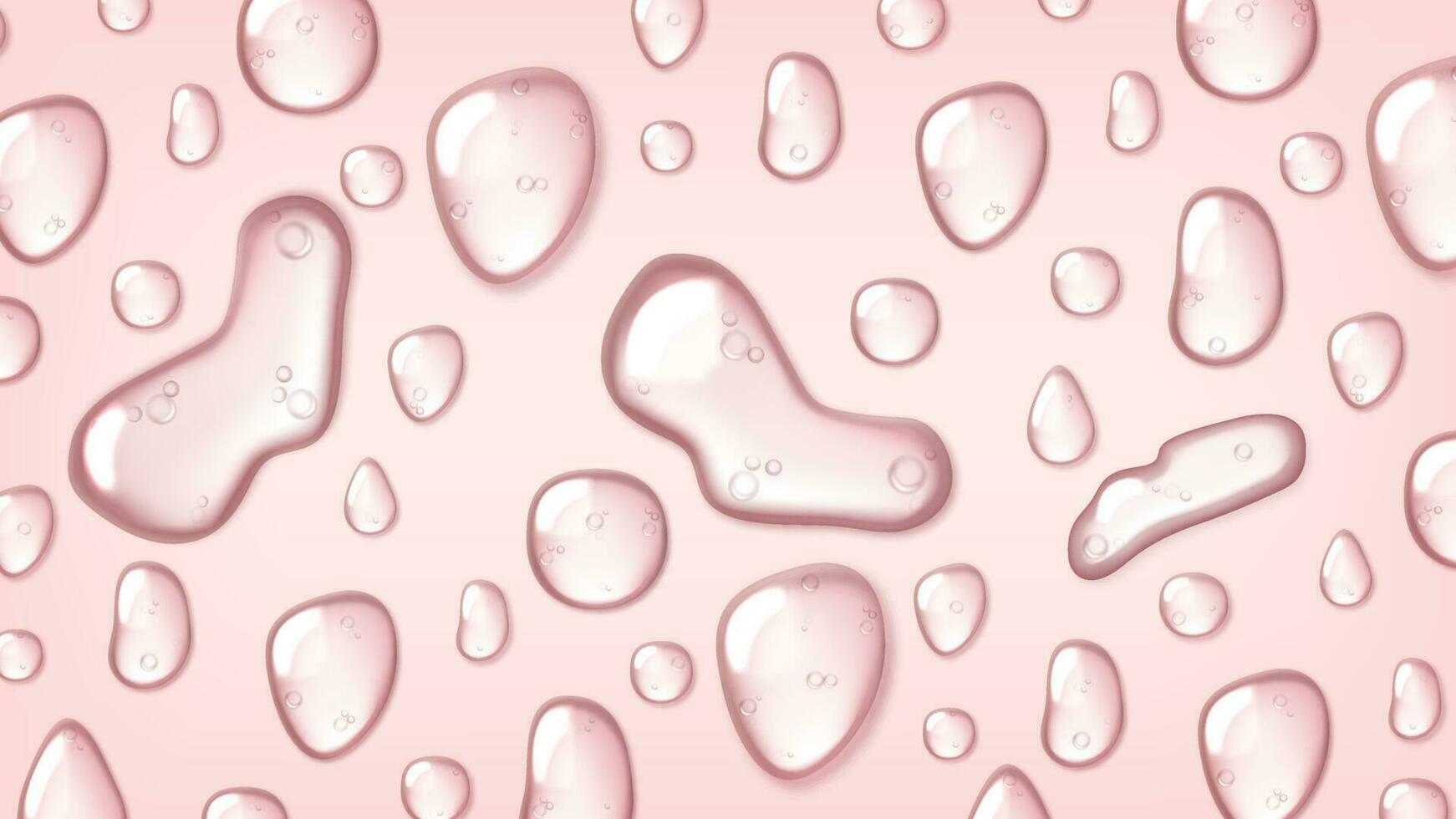 Background with liquid drops of water, gel or collagen. Cosmetic product, moisturizing, skin care, top view. Realistic 3d splash vector illustration