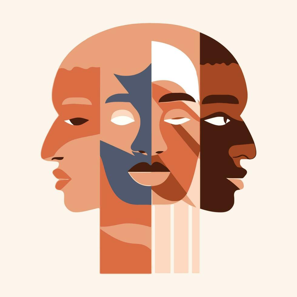 mix face different color abstract illustration, racial equality, diversity and against discrimination vector