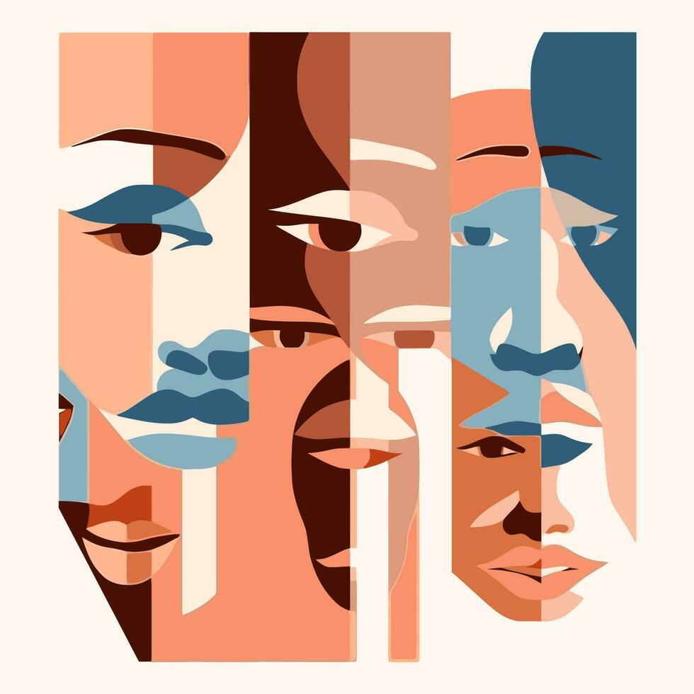 abstract people face art with different skin colors, multiracial, no racism, diversity vector