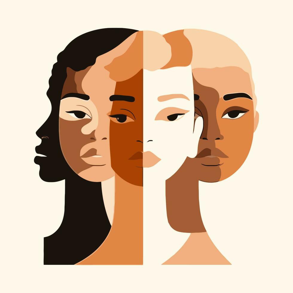 abstract woman art in different skin, hair colors, multiracial, no racism, diversity vector