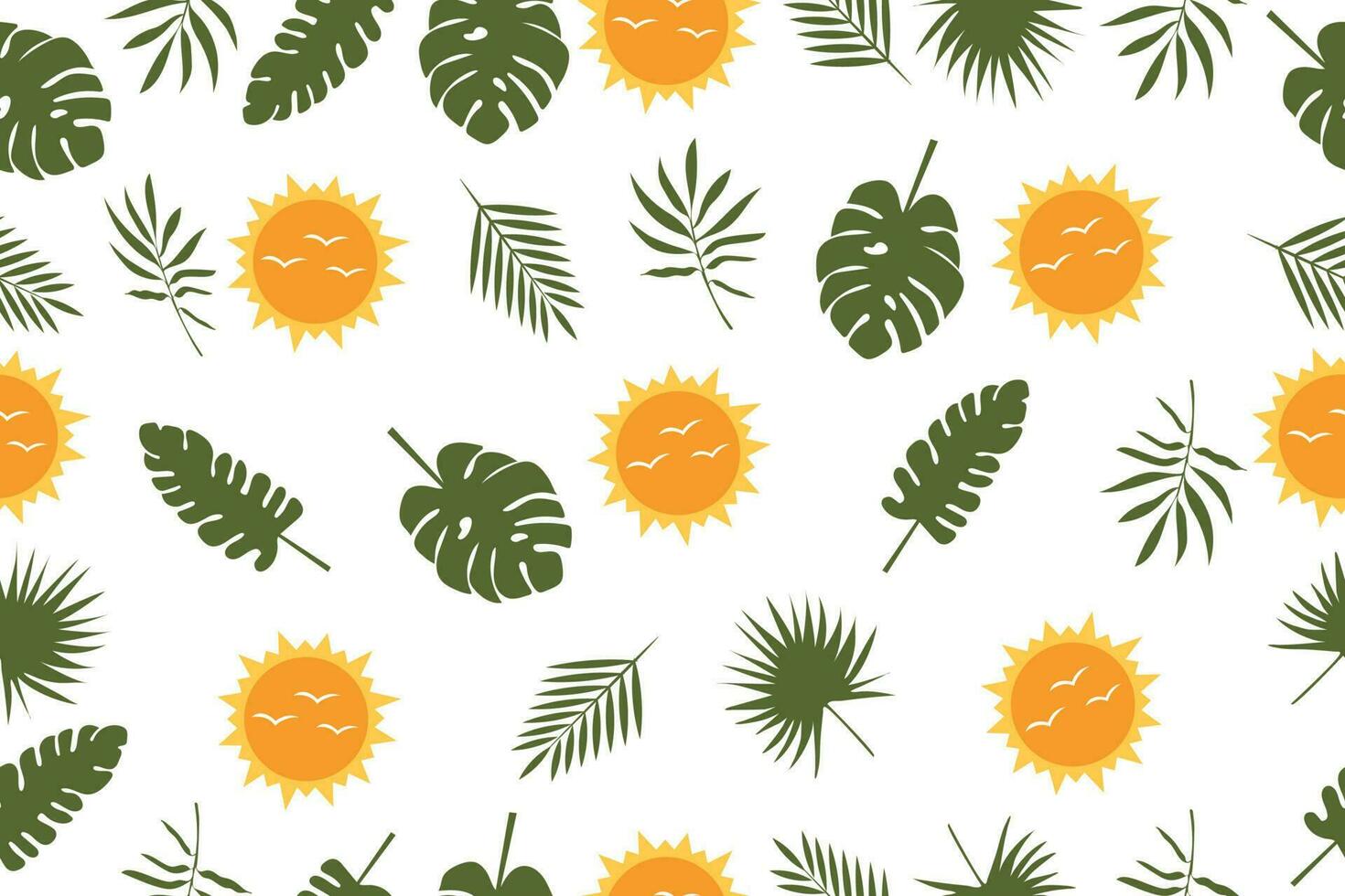 Seamless pattern of abstract leaves and the sun. Vector drawing of tropical leaves. Trendy botanical elements for your design. Vector.