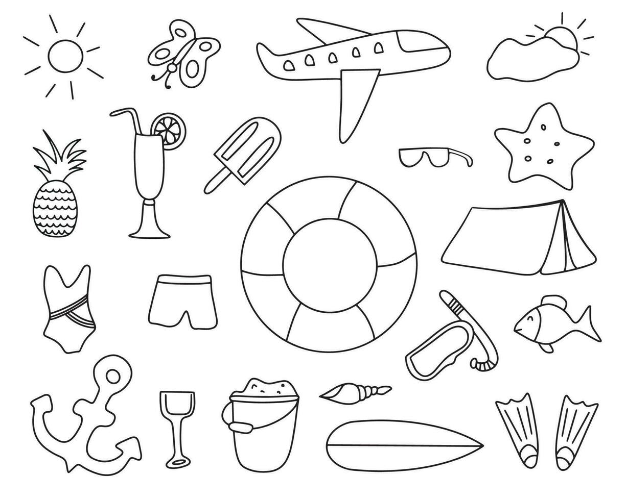 A set for a summer trip, hand-drawn in doodles. Flat vector illustrations on a white background. Vector