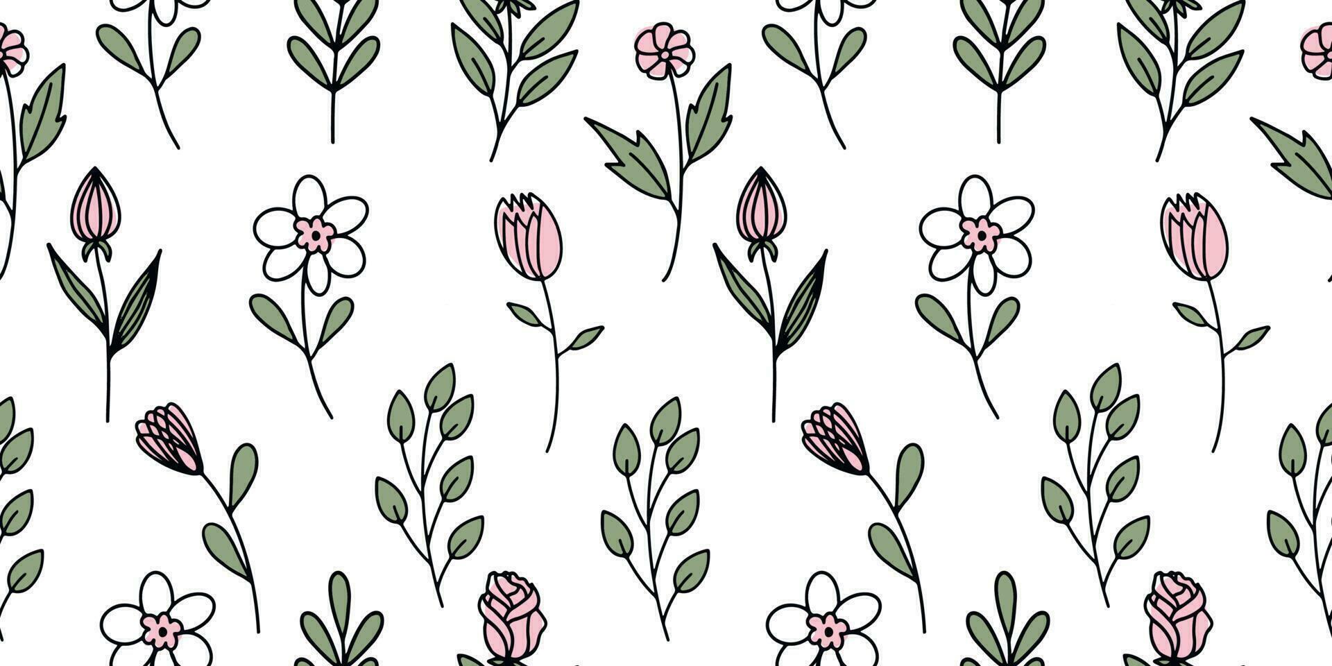 Seamless pattern with the image of spring flowers highlighted on a white background. Vector illustration.