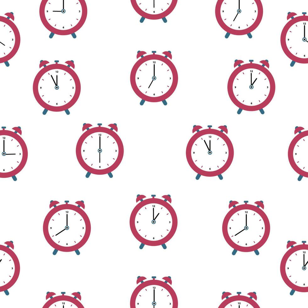 Seamless pattern of red alarm clocks showing different times. Vector illustration in a flat style, isolated on a white background. Vector