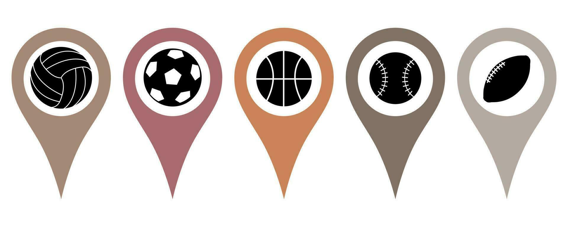 A set of cartographic signs with the image of sports balls. Attach icons on a flat map to mark the location of a sports club, stadium, or competition. Vector